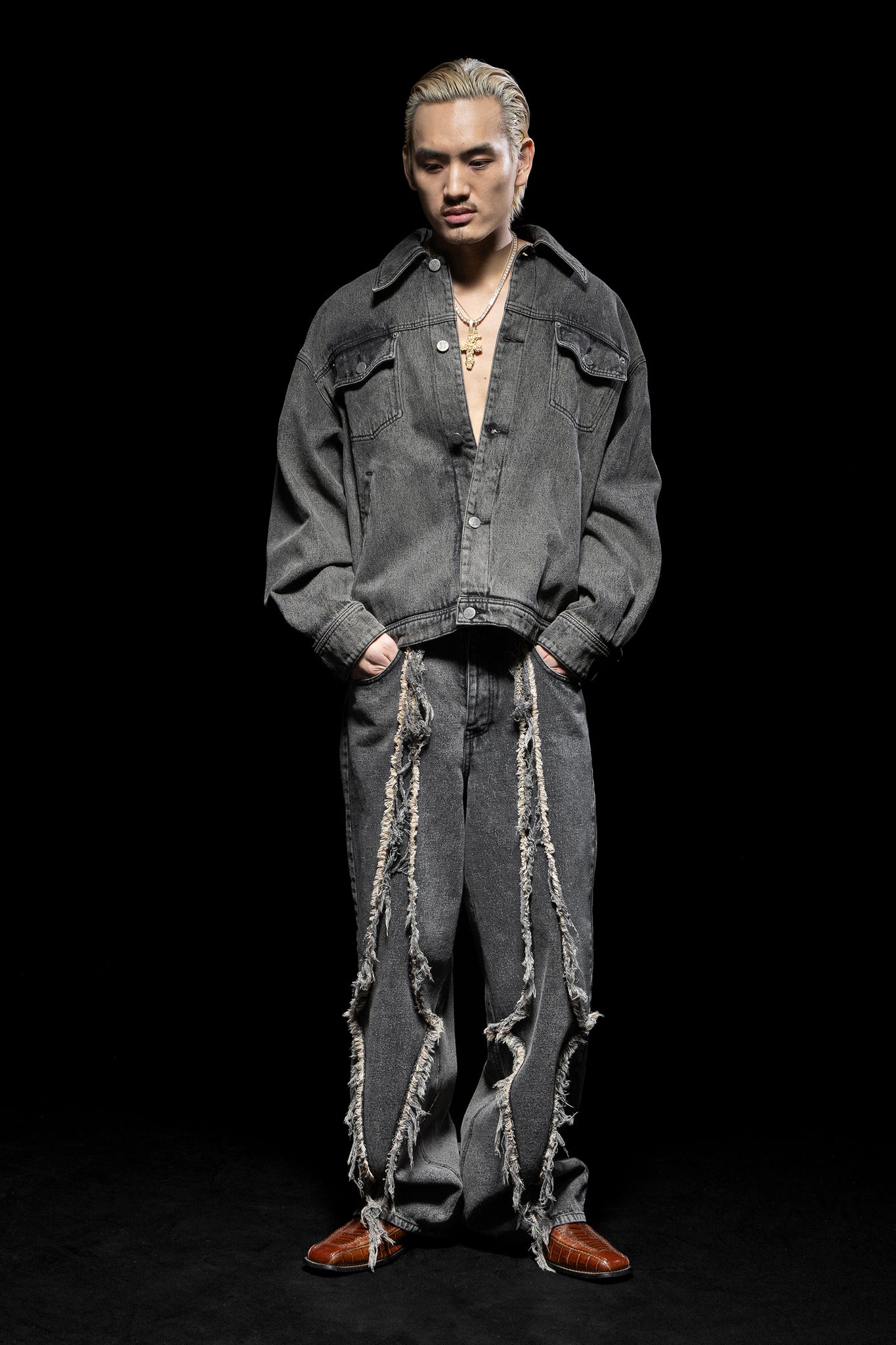 DIAMANTE DENIM PANTS GREY